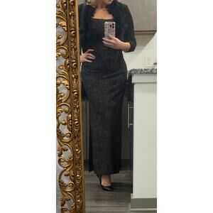 Vintage 90s Y2K French Curve Sz L Black Rose Print Stretch Long Bodycon Dress *